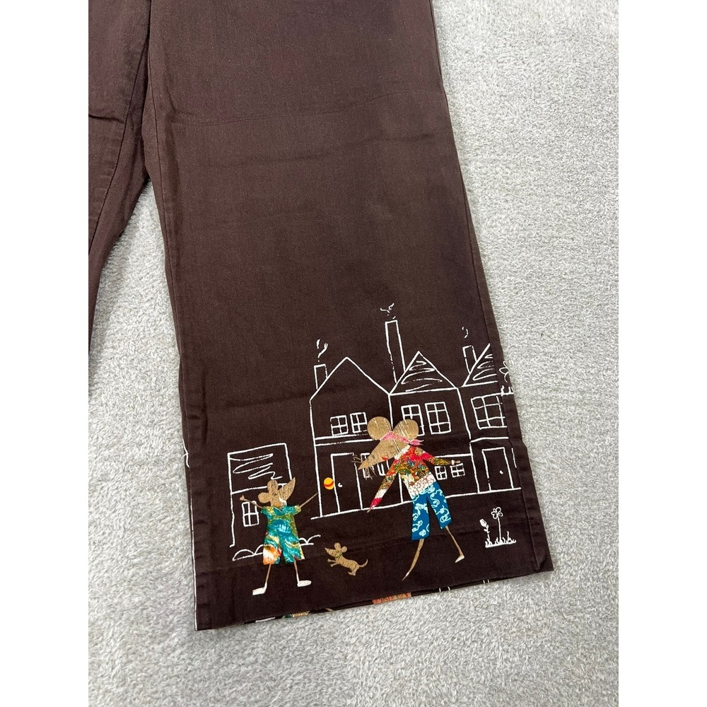 Chicos Brown Wide Leg Crop Capri Pants Mouse Village Whimsical Vintage Size 1 M - Picture 7 of 8